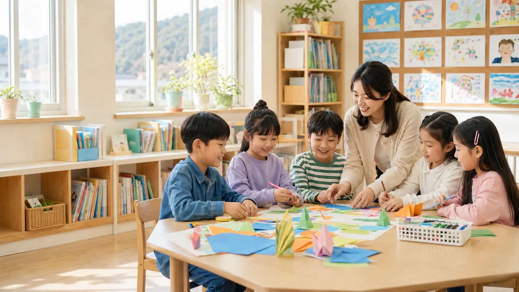 밝은 교실에서 선생님과 학생들이 함께 창작 활동을 하는 모습